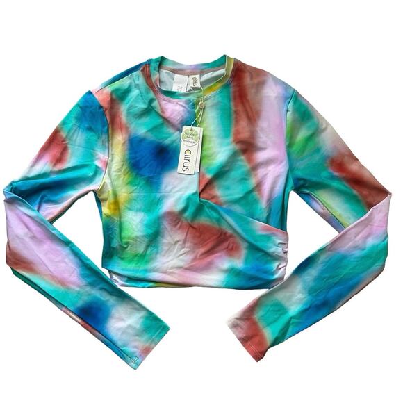 CITRUS Women’s Ruched Crew neck long sleeve‎ rash guard in tie dye multi-Size M - Picture 3 of 6